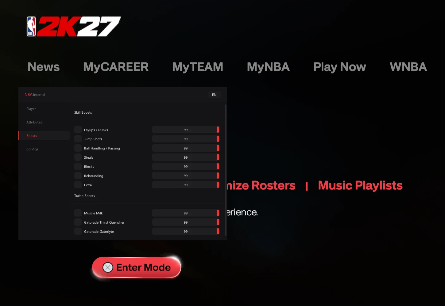 NBA 2K27 cheat main menu with unlock all options